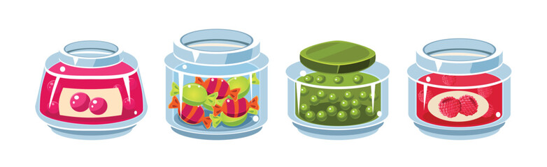 Glass Jars Collection with Different Food Inside Vector Set
