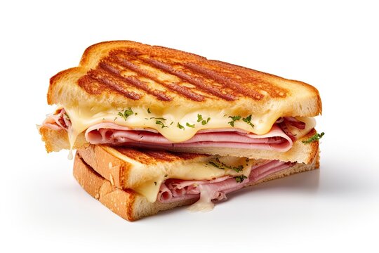 Cut cheese and ham toasted panini melt with grill marks. Isolated on white background