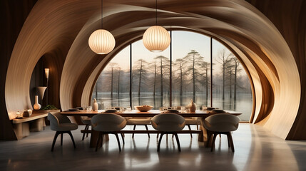 Fototapeta premium Minimalist interior design of modern dining room with rustic furniture