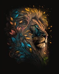 Vibrant Colorful Peaceful Lion with a Black Background, Generative AI