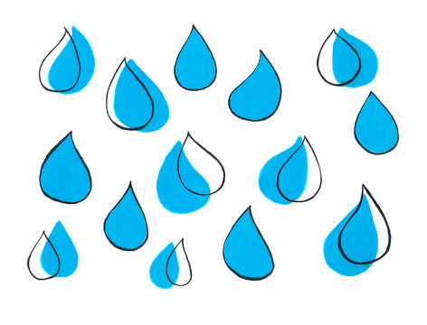 Background from water drops. Different in size and shape. Blue drops with a black outline. Some drops are partially applied with a contour in layers. White background. Drops of rain, water, shower and