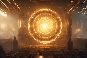 Golden yellow glowing tunnel of light in sci-fi building