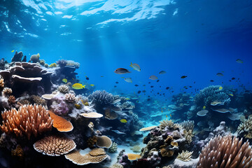 Naklejka na ściany i meble coral reef with fish in the blue sea