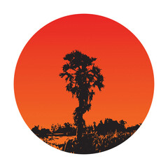sunset with trees, a silhouette of palm tree middle of the red sky sun,  branch, sun, sky, nature, tree, sunset, dark, autumn, outdoor, landscape, mountains, yellow, mountain, bat, vector, art, orange