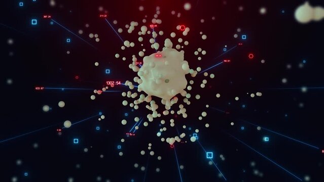 Science of Micro Meataball Explosion with Plexus.  This work show simulation science of micro metaball explosion and Plexus on red blood background .