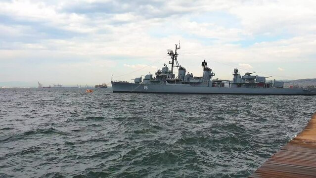 Velos Greek Navy Museum Ship in Thessaloniki Port Greece on Windy Day, Real time Footage