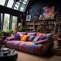  The purple sofa in the attic has beige pillows 
