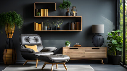  Shelving unit and console table near dark wall. Scandinavian style interior design of modern living room with wooden chair.