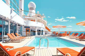 View on top deck with swimming pool on a cruise ship. Vacation on a cruise ship. Cruise. Descent on the ship. - obrazy, fototapety, plakaty