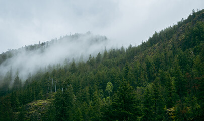 Clouds and fog rolling over tree covered mountains in Montana 
