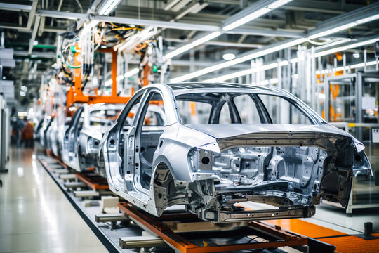 automobile plant. Assembling the body of a car on a conveyor. Modern technology for the production of cars.