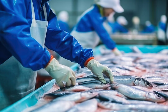 Fish processing plant. Production Line. People sort the fish moving along the conveyor. Sorting and preparation of fish. Production of canned fish. modern food industry.