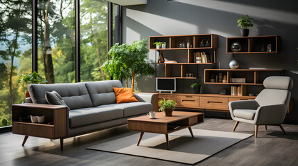 Studio apartment with grey sofa against window and wooden cabinet. Interior design of modern living room