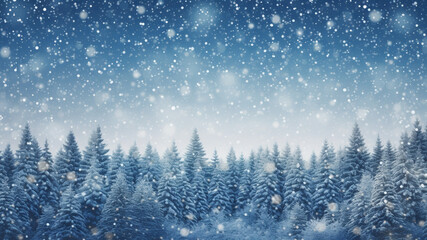 blur snow falling with pine forest background. Christmas and new year poster and greeting card decoration concept 
