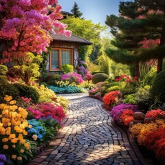 Fototapeta na wymiar Enchanted Oasis: A Vibrant Home Garden and Pathway Retreat. Generative AI 4