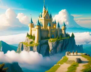 Cartoon animation with  fairytale clouds concealing the cliff castle

