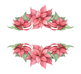 Set of Red Christmas poinsettia flowers. Watercolor illustration.