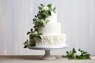 Three-tiered white wedding cake decorated with flowers and green leaves