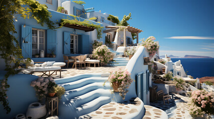  Traditional mediterranean white house. Summer vacation background