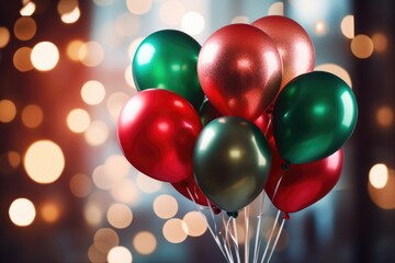 Banner with a bunch of red, green and gold helium balloons on a background of bokeh lights