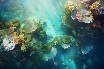 Fototapeta premium aerial view of beautiful underwater coral reef with fish