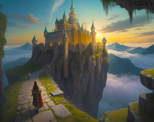 Cartoon animation with  fairytale clouds concealing the cliff castle

 - obrazy, fototapety, plakaty