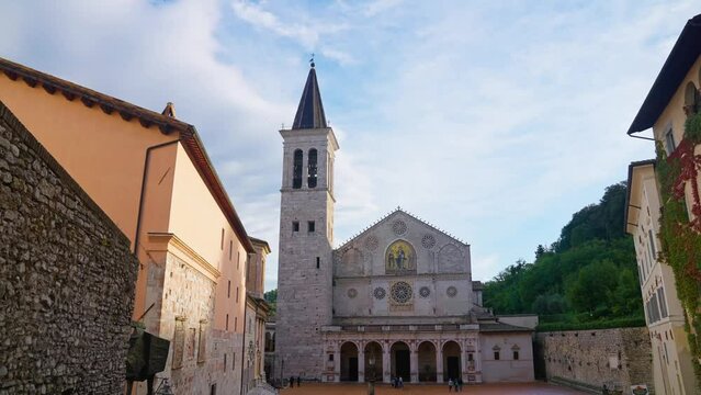 The Cathedral Of Santa Maria Assunta In Piazza del Duomo In Spoleto, Italy. Wide Shot