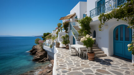  Traditional mediterranean white house. Summer vacation background