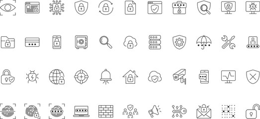 Security set icons in line style. Cyber Security, internet protection, mobile app, password, spy, security system, finger print, electronic Vector illustration.