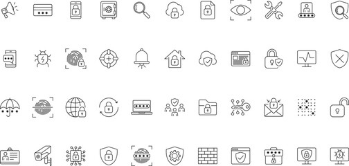 Security set icons in line style. Cyber Security, internet protection, mobile app, password, spy, security system, finger print, electronic Vector illustration.