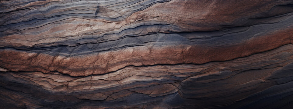 detailed close-up of a rugged rock formation, stone texture, rock formation, natural cliff pattern, rough wallpaper, brown and gray, panorama, AI 