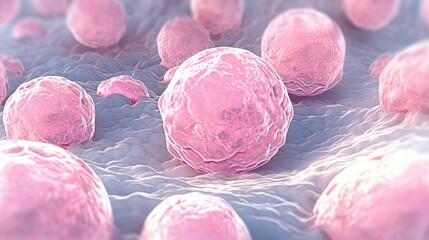 Group of isolated pink cancer cells, cancer awareness heath and medical background - obrazy, fototapety, plakaty