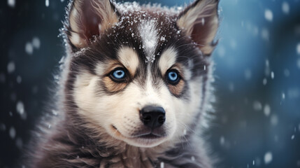 Enchanted husky pup gazes skyward, captivated by snowfall in a wintry wonderland