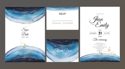 Set of Wedding Invitation, watercolor textures and fake gold splashes for a luxurious touch