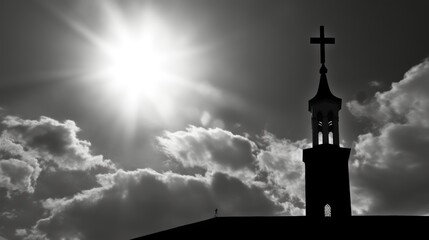 Obraz premium black and white image of a Cross and a cloudy sky with the bright sun the concept of religion
