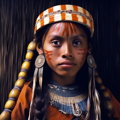 retrato de mujer Yanomami mirando al frente con pañuelo en la cabeza y cara pintada, grandes pendientes y un collar típico de su tribu - obrazy, fototapety, plakaty