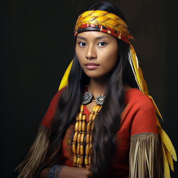 Retrato de mujer tribal morena de la tribu yanomami de ecuador con pelo largo y cinta en el pelo amarilla y roja. 