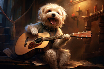 cool dog playing guitar - obrazy, fototapety, plakaty