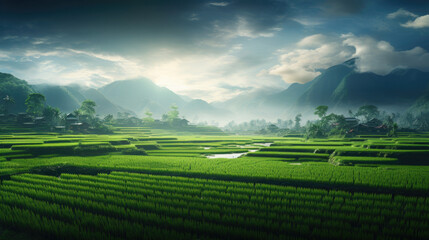 Beautiful landscape view of the agricultural green terraced paddy rice fields  created with Generative AI Technology