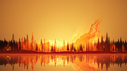 Fototapeta na wymiar illustration of a forest in fire, reflection of the flames and smoke in a lake, tree silhouette, minimalist vector banner, global warning banner, orange and red background, AI