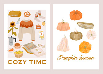 Autumn posters collection of cozy elements, fall plants, autumn leaves. Cozy time cards. Editable vector illustration.