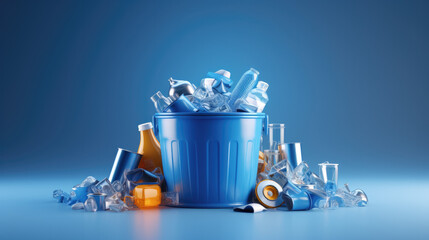 3d render of a can, filled with plastic waste, bottle, packaging, blue wallpaper, recycling awareness banner, AI - obrazy, fototapety, plakaty