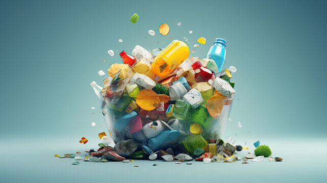 pile of colorful plastic waste spilling out of a container, transparent trash can, 3d render, isolated on a blue background, AI