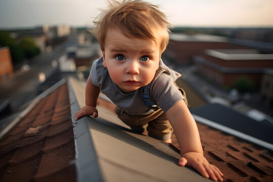 young child doing parkour on rooftop