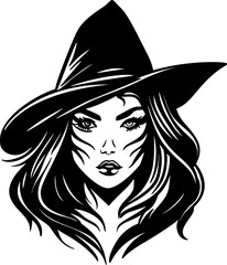 Spooky Halloween witch woman face with a hat witchcraft vector magical illustration