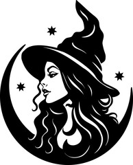Spooky Halloween witch woman face with moon and hat witchcraft vector magical illustration