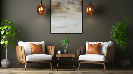 Two white chairs against stucco wall with big canvas poster. Scandinavian interior design of modern living room