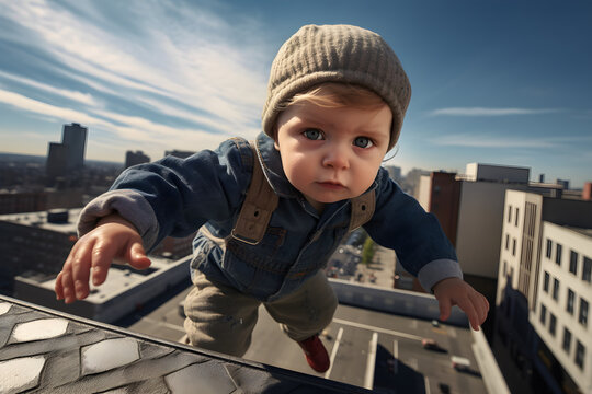 young child doing parkour on rooftop