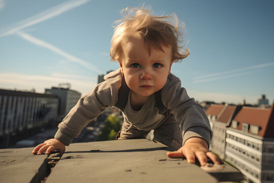 young child doing parkour on rooftop