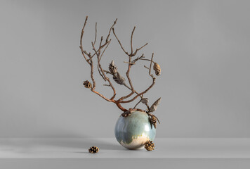 Composition with a dried branch and pine cones in a minimalist style.